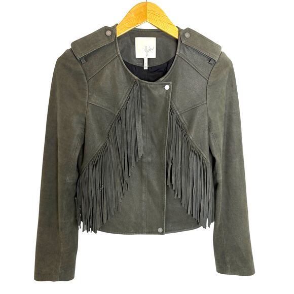 Joie - 100% Lamb Leather Fringe Moto Style ZENO Leather Jacket - Gray - Small - Picture 2 of 9
